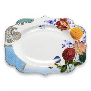 Royal Çiçek Desenli Oval Servis Tepsisi Beyaz-Mavi Renk 40 cm