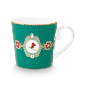 Love Birds Düz Yeşil Madalyon Desenli  Küçük Mug 150 ml